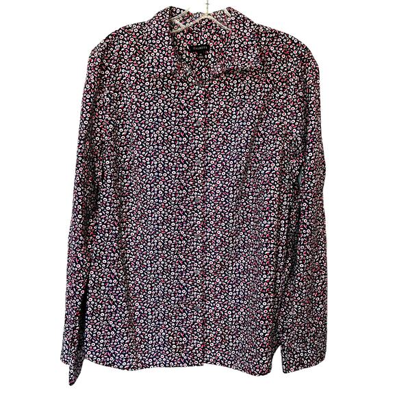 Talbots Wms 14 Blue Red Printed Roll Tab Button Up Shirt Business Casual Office - Picture 1 of 9